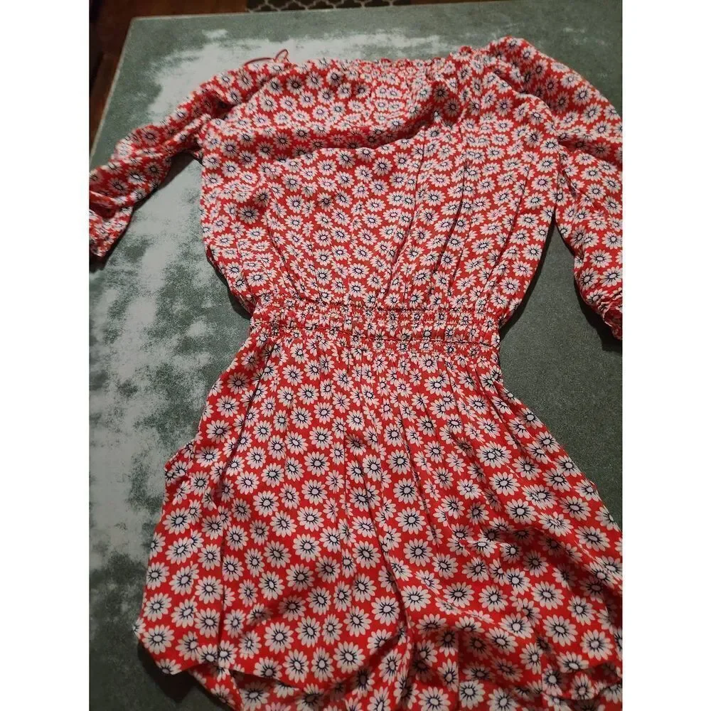 Tory Burch Red White Floral Primrose Nantucket Off Shoulder Romper sz XS